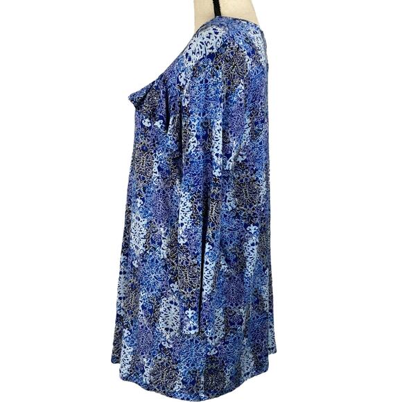 NY Collection X-Large Top Geometric 3/4 Sleeve Ruffled Keyhole Neck Stretch Blue - Picture 4 of 7